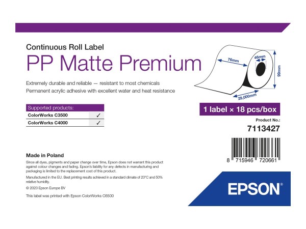 Epson Premium - Polypropylen (PP) - matt - permanenter Acrylklebstoff - Rolle (7,6 cm x 29 m) - 7113