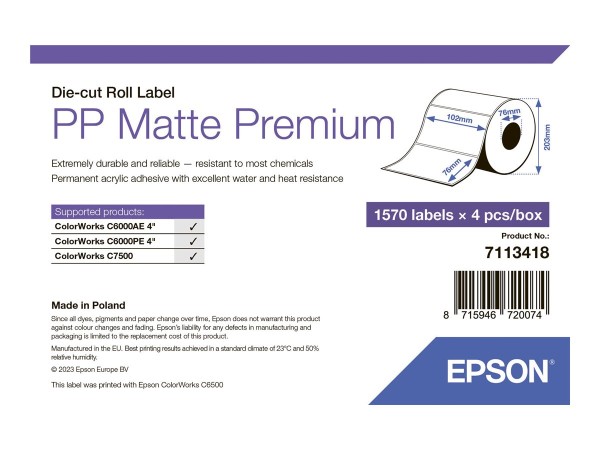 Epson Premium - Polypropylen (PP) - matt - permanenter Acrylklebstoff - 102 x 76 mm 6280 Etikett(en)