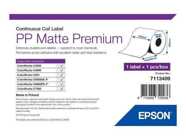 Epson Premium - Polypropylen (PP) - matt - permanenter Acrylklebstoff - Rolle (22 cm x 750 m) - 7113