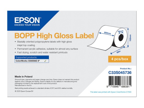 Epson BOPP - high gloss - permanent acrylic adhesive - white - roll (20.3 cm x 68 m) - C33S045736
