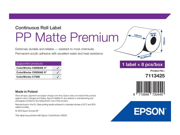 Epson Premium - Polypropylen (PP) - matt - permanenter Acrylklebstoff - Rolle (10,2 cm x 55 m) - 711