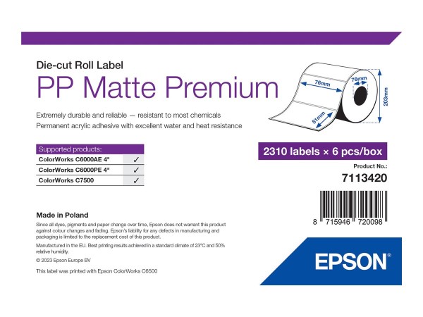 Epson Premium - Polypropylen (PP) - matt - permanenter Acrylklebstoff - 76 x 51 mm 13860 Etikett(en)